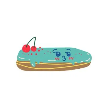 Happy Cute Delicious Eclair Cartoon Character, Adorable Kawaii Dessert Vector Ilustração Stock