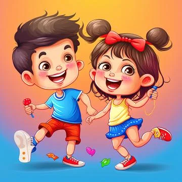 Happy cute kids boy and girl play together Stock Illustration