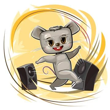 Happy cute mouse dancing. Loud music from speakers. Dance. Stock Illustration