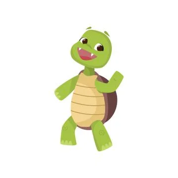 Happy cute smiling green turtle walking on two hind leg and waving hand isolated Illustrazione stock
