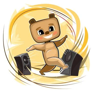 Happy cute Teddy Bear dancing. Loud music from speakers. Dance of a funny ani Stock Illustration