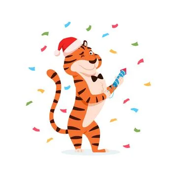 Happy cute tiger with firework cracker. Stock Illustration