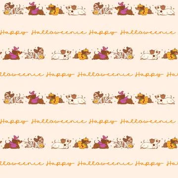 Happy Dachshund Halloween Seamless Pattern Spooky Halloweenie Sausage Dog R.. Illustrazione stock