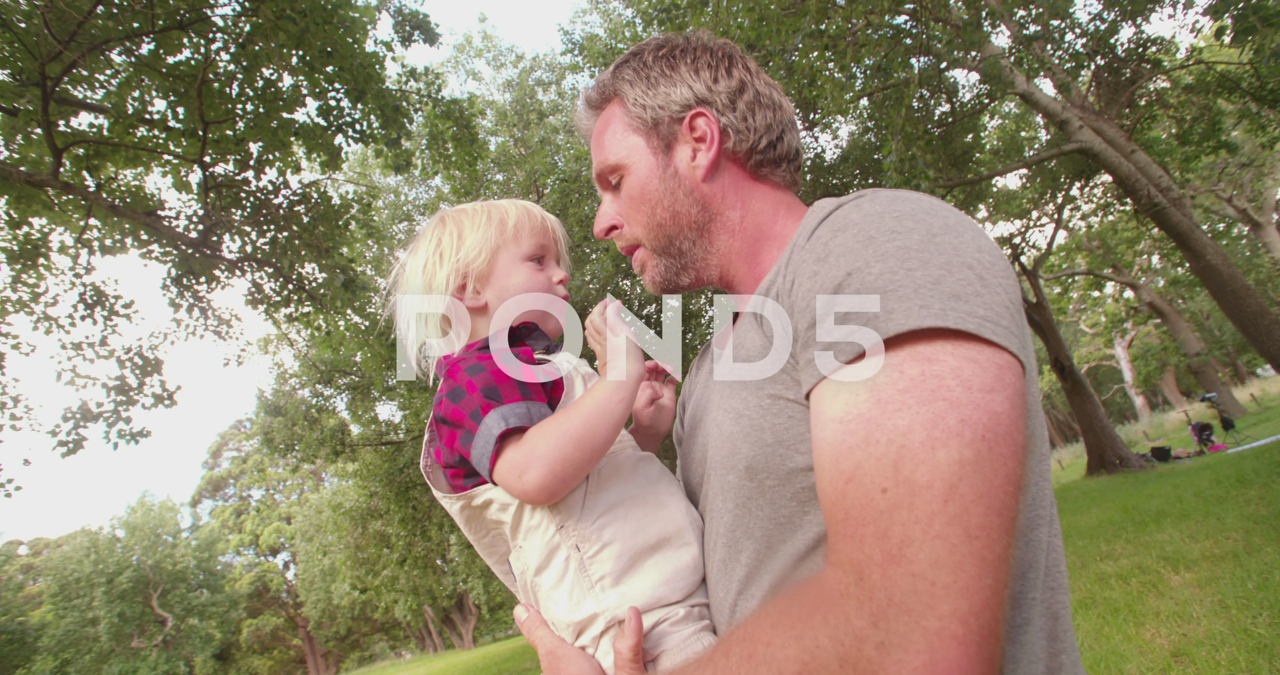 Happy dad kissing his laughing son at the park