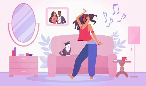 Happy dance and movement of woman at home, cute scene with girl listening to fun Stock Illustration