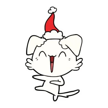 Happy dancing dog line drawing of a wearing santa hat Illustrazione stock