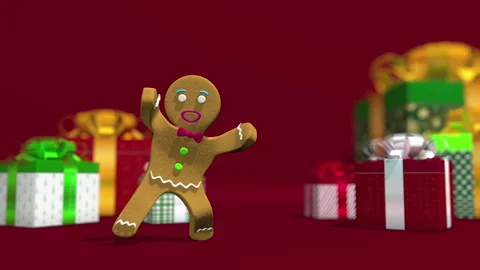 Happy dancing Gingerbread man on red surface against defocused gift boxes  Stock Footage 291602101