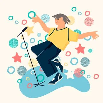 Happy dancing man with arms movement, hands up. Joyful young guy in energetic Stock Illustration