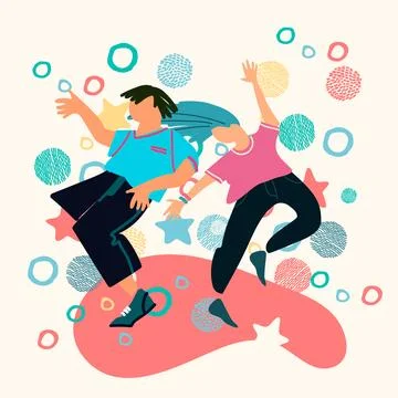 Happy dancing man with arms movement, hands up. Joyful young guy in energetic Stock-Illustration