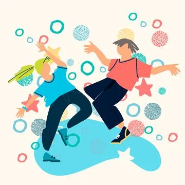 Happy dancing man with arms movement, hands up. Joyful young guy in energetic Stock Illustration