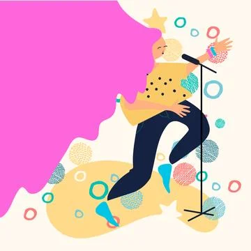 Happy dancing man with arms movement, hands up. Joyful young guy in energetic Stock Illustration