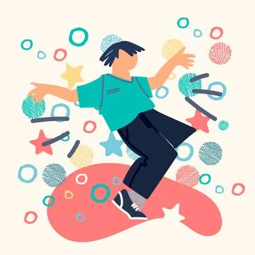 Happy dancing man with arms movement, hands up. Joyful young guy in energetic Stock Illustration