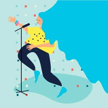 Happy dancing man with arms movement, hands up. Joyful young guy in energetic Stock Illustration