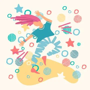 Happy dancing man with arms movement, hands up. Joyful young guy in energetic Stock Illustration