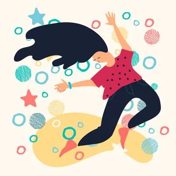 Happy dancing man with arms movement, hands up. Joyful young guy in energetic Stock Illustration