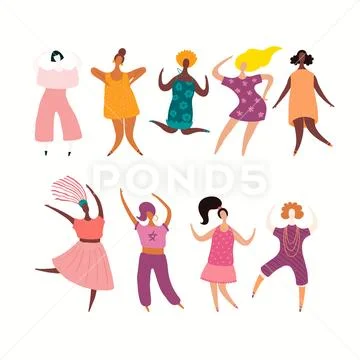 Happy dancing women set Stock Illustration