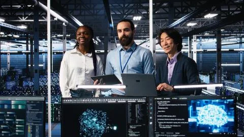 Happy data center colleagues collaborating on software development Stockfoto's