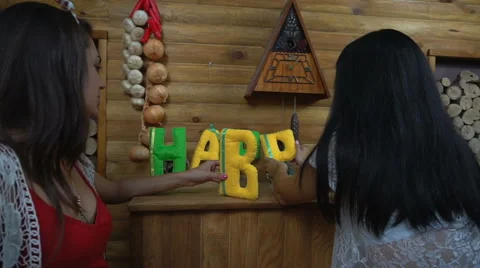 Happy Day from felt letters on fireplace Stock Footage