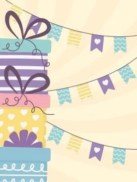 Happy day, stacked gift boxes and pennants decoration イラスト素材