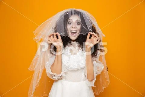 Happy dead bride put on veil and smiling to camera isolated Stock Photos