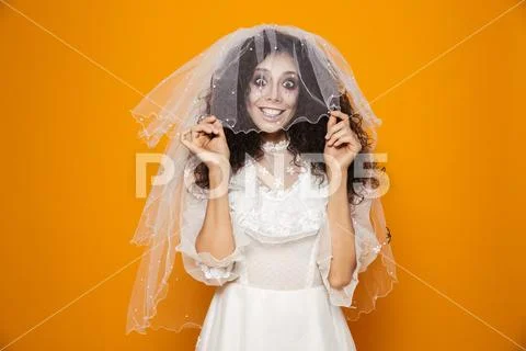 Happy dead bride put on veil and smiling to camera isolated Stock Photos