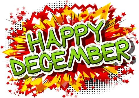 Happy December - Comic book style word on abstract background. Illustrazione stock