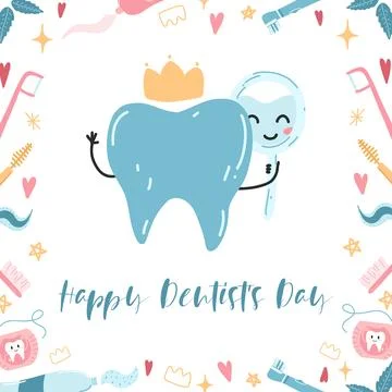 Happy dentists day poster. Vector illustration of tooth and oral care products Stock Illustration