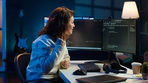 Happy developer celebrating after managing to secure company servers Stock Photos