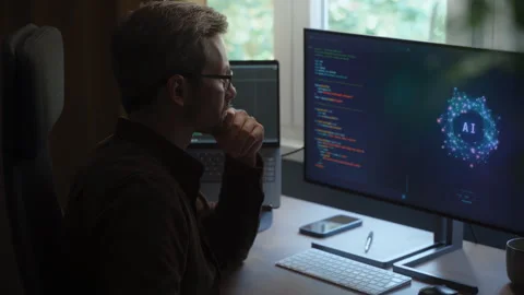 Happy Developer Watching AI Assistant Generate Code Video stock 341680364