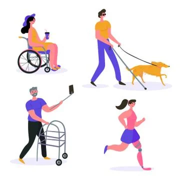Happy disable people doing different activities Stock Illustration