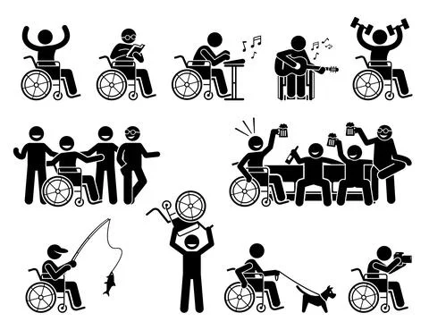 Happy disabled man doing various activities, hobbies, and leading a normal li Stock Illustration