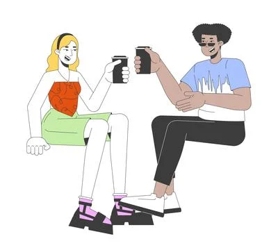 Happy diverse couple with drinks 2D linear cartoon characters Ilustração Stock