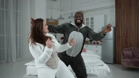 Happy diverse couple having fun during joint dance 库存影片 148685597