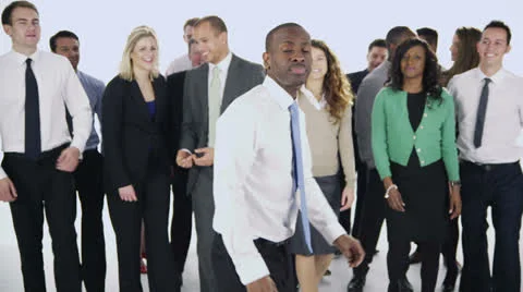 Happy, diverse group of business people isolated on white Stock Footage
