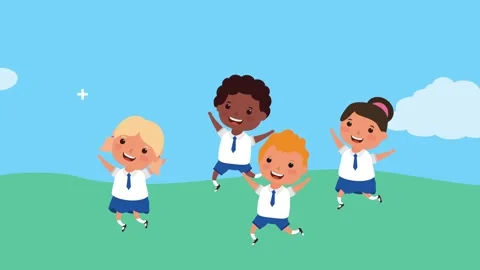 Happy diverse group of elementary students jumping with joy and excitement .. Видео 334540796