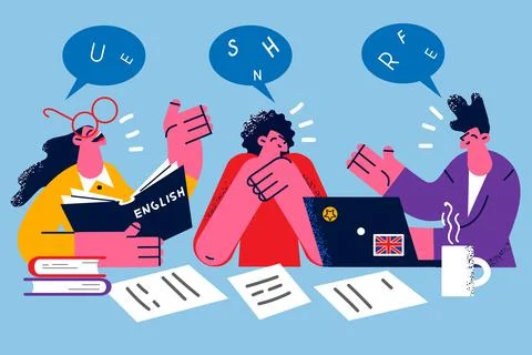 Happy diverse people study together using laptop Stock Illustration