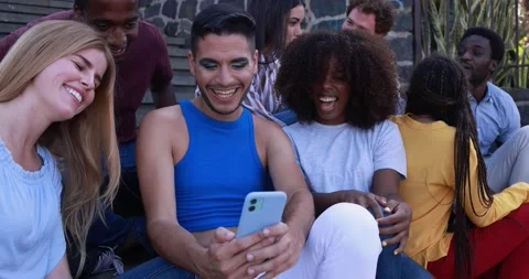 Happy diverse people using mobile phones outdoor Stock Footage 158223530