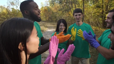 Happy diverse team clapping after forest cleaning Stock Footage 119181394