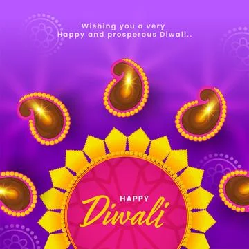 Happy Diwali Font with Rangoli Pattern and Top View Illuminated Oil Lamps (.. Illustrazione stock