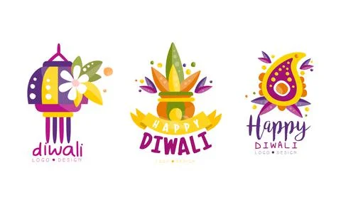 Happy Diwali Logo Design Set, Indian Festival Colorful Labels Vector Illustrazione stock