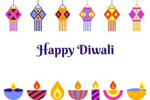 Happy Diwali Script Text Banner with White Background and Lanterns Stock Illustration