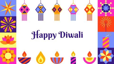 Happy Diwali Script Text Banner with White Background and Icon Border Stock Illustration