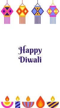 Happy Diwali Script Text Vertical Banner with Icon Border Frame Stock Illustration