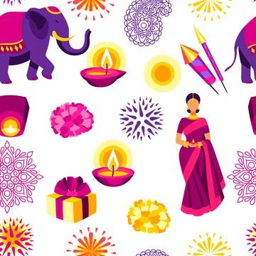 Happy Diwali seamless pattern. Deepavali or dipavali festival of lights. Stockillustratie