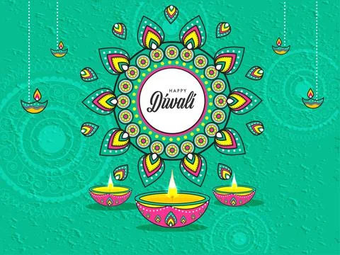 Happy Diwali Text on Mandala Pattern Green Grunge Background Decorated with.. Stock Illustration