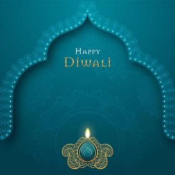 Happy Diwali Vector Greeting Background - Teal Arch Frame with Golden Oil D.. Stock Illustration