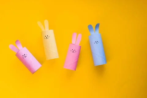Happy DIY Easter decoration concept bunnies from toilet tube. Craft idea Stock Photos