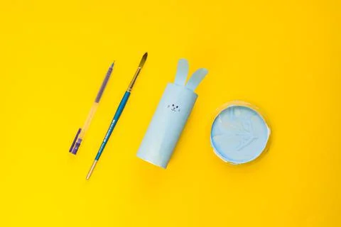 Happy DIY Easter decoration concept bunnies from toilet paper roll tube Stock Photos