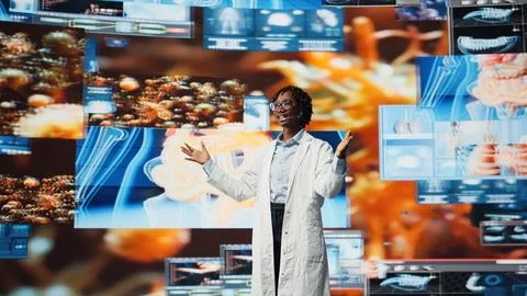 Happy doctor doing key note presentation on medical research data Stock Photos