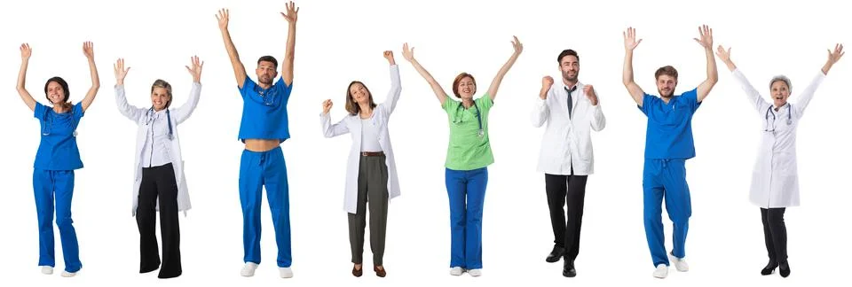 Happy doctors and nurses set Stock Photos